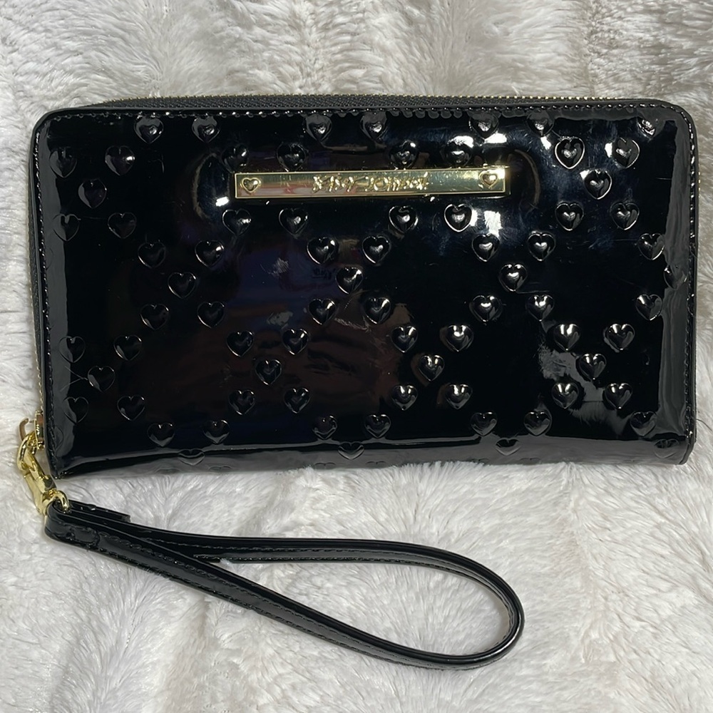 Betsey Johnson Heart Embossed Black Patent Leather Wristlet Wallet